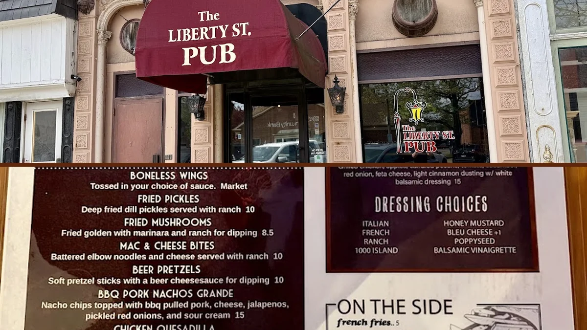 Cozy pub tables with beer glasses and bar seating.